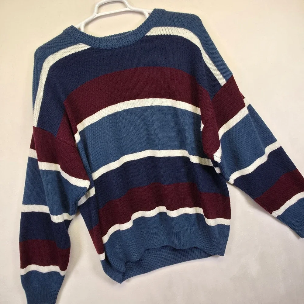 American Weekend Sweater Men 2XL Red Blue Striped Cable Knit Oversized Retro VTG